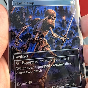 May include: A rectangular trading card titled Skullclamp featuring a skeleton warrior holding a sword in a graveyard setting. The card text includes Artifact, equipped creature gets +1/-1, draw two cards, and the quote Pyrussssssssssss.