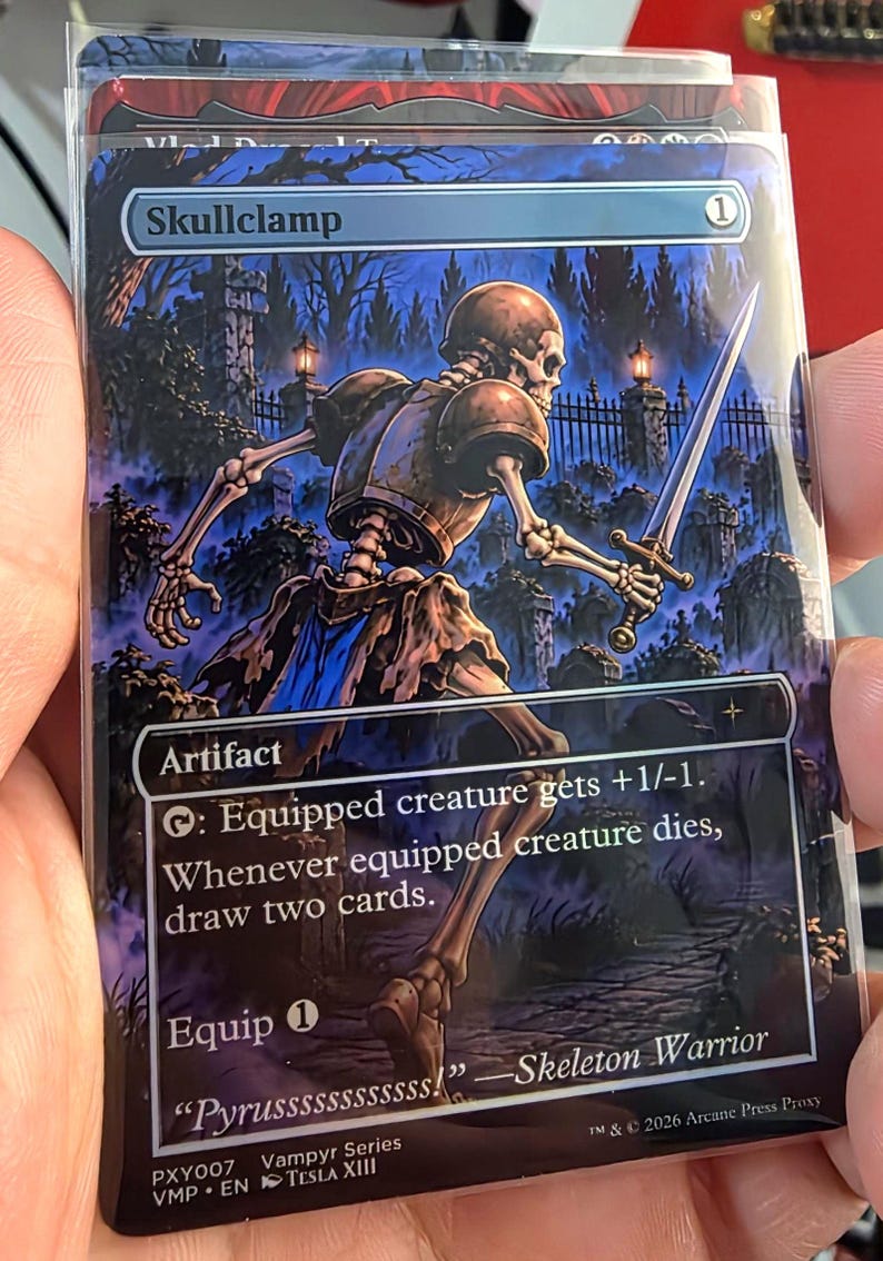 May include: A rectangular trading card titled Skullclamp featuring a skeleton warrior holding a sword in a graveyard setting. The card text includes Artifact, equipped creature gets +1/-1, draw two cards, and the quote Pyrussssssssssss.