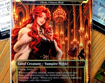 May include: A rectangular trading card titled Lenore, Queen of Styria, featuring a red-haired character in a dark dress and fur-trimmed coat holding a red vial. The background shows a grand hall with chandeliers. Text includes Land Creature - Vampire Noble, Flying, haste, and a 3/4 power and toughness rating.