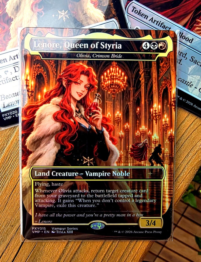 May include: A rectangular trading card titled Lenore, Queen of Styria, featuring a red-haired character in a dark dress and fur-trimmed coat holding a red vial. The background shows a grand hall with chandeliers. Text includes Land Creature - Vampire Noble, Flying, haste, and a 3/4 power and toughness rating.
