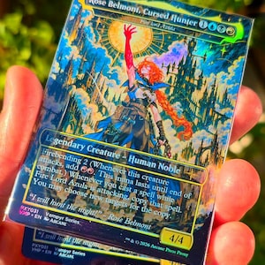 May include: A holographic trading card titled Rose Belmont, Cursed Hunter, featuring a character with long red hair reaching toward a bright sun above a gothic castle. The card text includes Fire Lord Azula, Legendary Creature, Human Noble, and the quote I will hunt the night. The card has a 4/4 power and toughness rating, with PXY031 and 2026 Arcane Press Proxy printed at the bottom.
