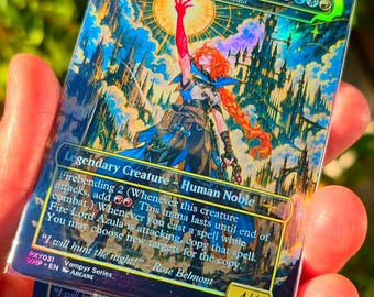 May include: A holographic trading card titled Rose Belmont, Cursed Hunter, featuring a character with long red hair reaching toward a bright sun above a gothic castle. The card text includes Fire Lord Azula, Legendary Creature, Human Noble, and the quote I will hunt the night. The card has a 4/4 power and toughness rating, with PXY031 and 2026 Arcane Press Proxy printed at the bottom.