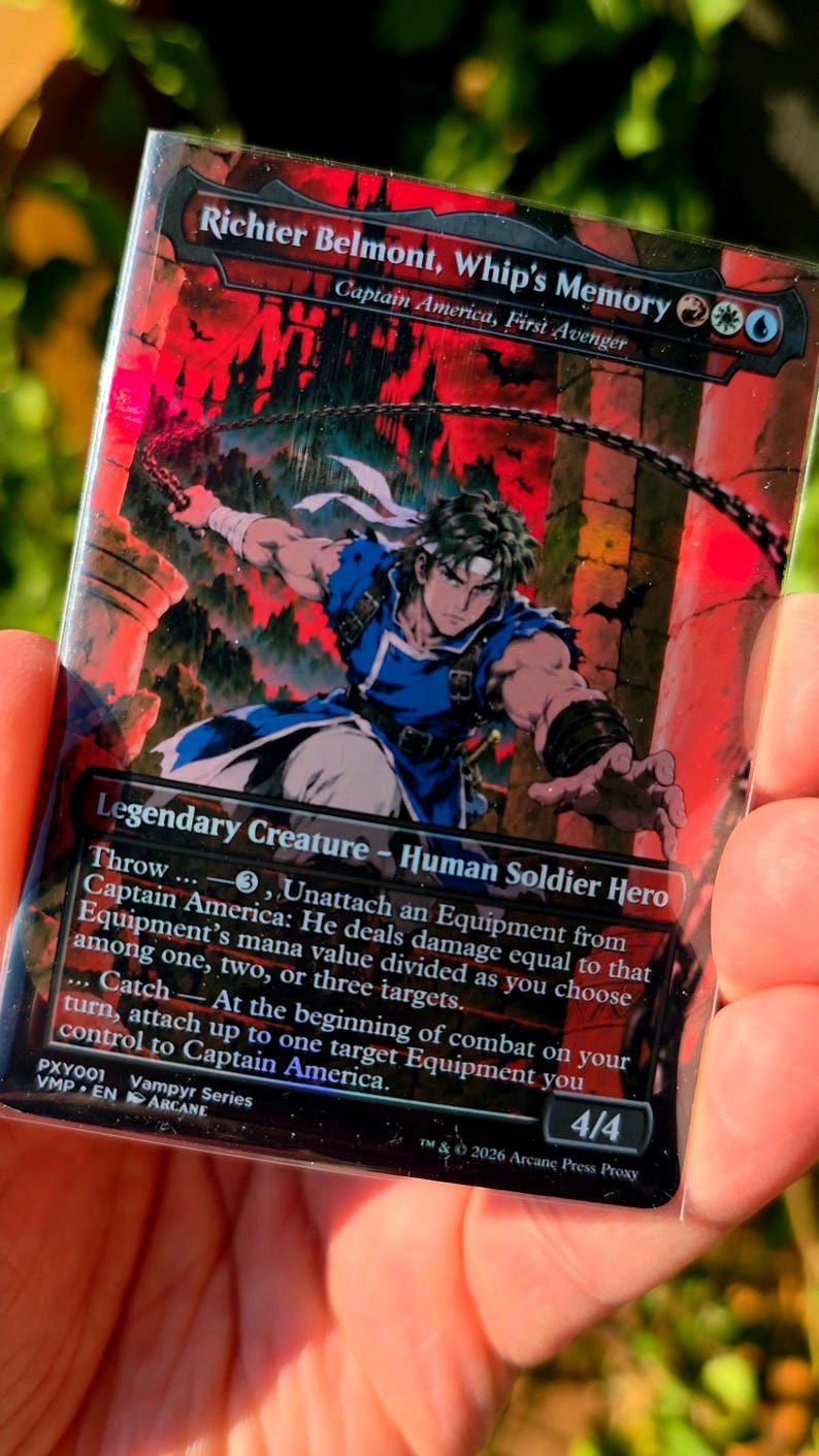 May include: A rectangular trading card featuring Richter Belmont, Whip's Memory, a legendary creature human soldier hero. The card displays a character in blue attire wielding a whip against a red background with text detailing game abilities.