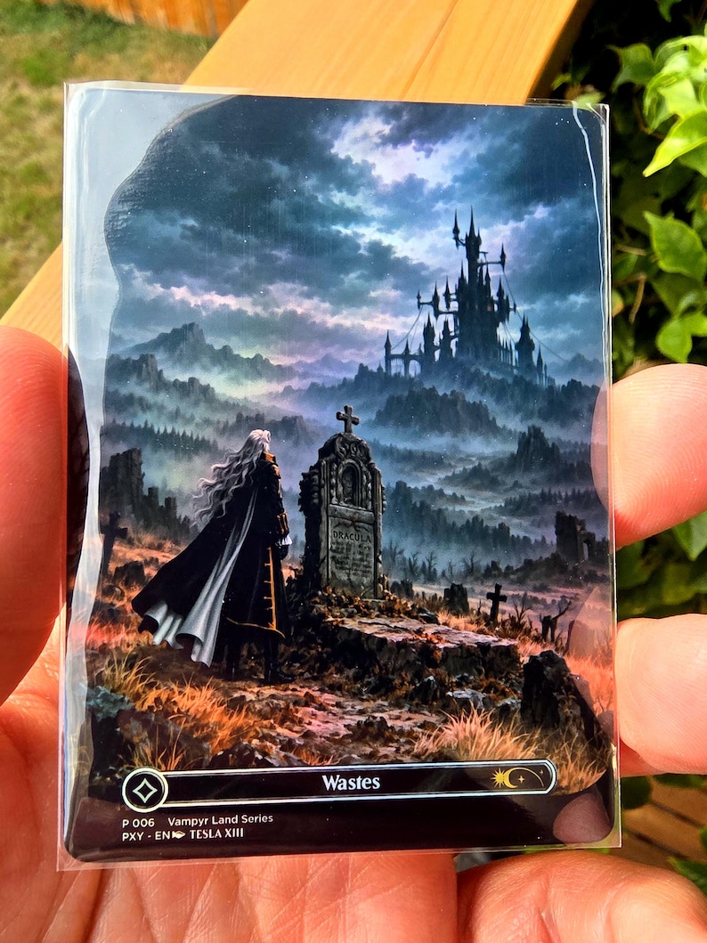 K&ouml;nnte beinhalten: Eine rechteckige Sammelkarte mit einer dunklen, atmosph&auml;rischen Landschaft und einem hohen gotischen Schloss auf einem fernen H&uuml;gel. Im Vordergrund steht eine Figur mit langem wei&szlig;em Haar vor einem Grabstein mit der Aufschrift Dracula. Unten steht der Text Wastes.