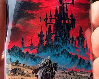 May include: A rectangular trading card featuring a dark castle silhouette against a vibrant red sky. A figure with long white hair rides a black horse in the foreground. The card displays the text Mountain, P 002 Vampyr Land Series, PXY-EN TESLA XIII.