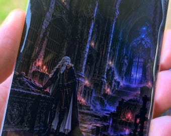 May include: A rectangular trading card titled Swamp, featuring a dark, gothic interior with stone arches, chains, and candles. A long-haired figure in a black and white coat stands beside a stone sarcophagus. The card includes text P 005, Vampyr Land Series, and PXY-EN TESLA XIII.