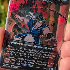 May include: A collectible trading card titled Richter Belmont, Whip's Memory, featuring a character in blue armour wielding a whip. The card text includes Legendary Creature, Human Soldier Hero, and abilities Throw and Catch. It is marked 4/4.