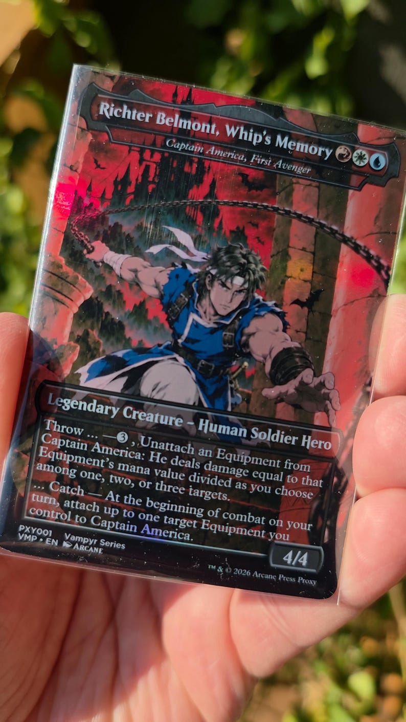 May include: A collectible trading card titled Richter Belmont, Whip's Memory, featuring a character in blue armour wielding a whip. The card text includes Legendary Creature, Human Soldier Hero, and abilities Throw and Catch. It is marked 4/4.