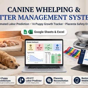 Puede incluir: Un sistema de gestión de partos y camadas caninas con un portátil que muestra un panel de control, una báscula digital, collares de colores para cachorros y una tableta. El texto incluye Canine Whelping & Litter Management System.