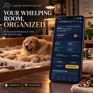 May include: A smartphone displaying the Canine Whelping OS app interface, featuring labor monitoring data, puppy counts, and weight tracking. The screen shows text including 'YOUR WHELPING ROOM, ORGANIZED.' and 'Professional Whelping & Litter Management App'.