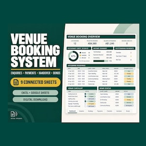 May include: A digital venue booking system template featuring a dashboard interface with sections for booking overview, occupancy, income summary, upcoming bookings, and checklists. The text includes Venue Booking System, 9 Connected Sheets, Excel + Google Sheets, and Digital Download.