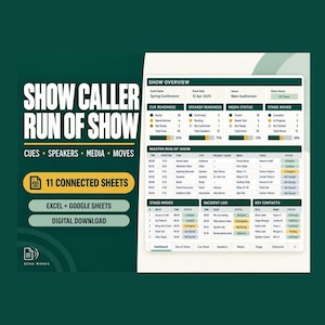 May include: A digital show caller run of show template featuring a dark green background with white text. The layout includes a show overview, master run of show, stage moves, incident log, and key contacts, with 11 connected sheets for Excel and Google Sheets.