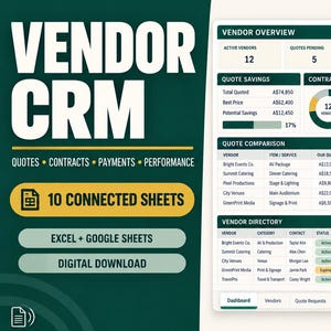 Può includere: Un modello di dashboard CRM per fornitori che include una panoramica, confronto preventivi, elenco fornitori e valutazioni delle prestazioni. L'interfaccia presenta grafici, tabelle e campi dati per monitorare preventivi, contratti e pagamenti.