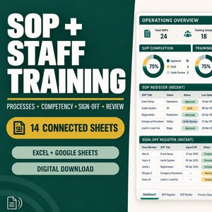 May include: A digital dashboard template for SOP and staff training management, featuring 14 connected sheets for Excel and Google Sheets. The interface displays operations overview, training progress, competency status, and various registers in green and white.
