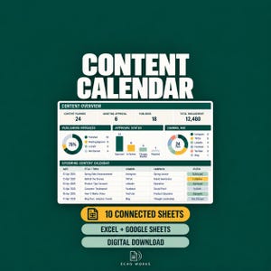May include: A digital content calendar dashboard on a dark green background. The chart displays content overview metrics, publishing progress, approval status, channel mix, and an upcoming content schedule. Includes 10 connected sheets for Excel and Google Sheets.