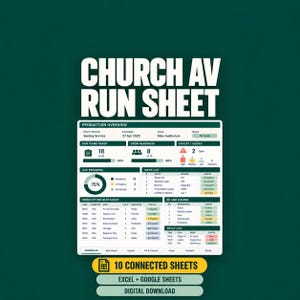 Könnte beinhalten: Eine digitale Church AV Run Sheet Dashboard-Vorlage mit Produktionsübersicht, Cue-Fortschritt, Eingabeliste und Fehlerprotokoll. Die Oberfläche zeigt den Text CHURCH AV RUN SHEET, 10 CONNECTED SHEETS, EXCEL + GOOGLE SHEETS und DIGITAL DOWNLOAD.