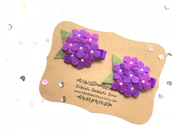 Pigtail Hair Clips Set Of 2 Purple Flower Hydrangeas Felt Etsy