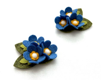 Forget-Me-Not- Set of 2- Royal Blue Flower- Pigtail Hair Clips- Wool Felt flower hair clips- Girl Hair Clips-Toddler Hair Clips