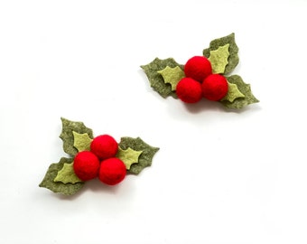 Needle Felted Holly Berry Hair Clip: Holiday Pigtail Set/ Headband