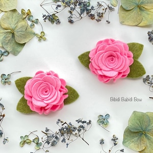 Pink Rose Hair Clips: Felt Flower Pigtail Clips - Set of 2