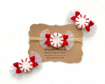 Wool Felt Peppermint Candy Hair Clip – Holiday Hair Bow- Headband