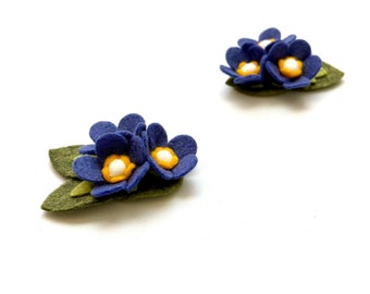 Forget-Me-Not- Set of 2- Dark Blue- Pigtail Hair Clips- Wool Felt flower hair clips- Girl Hair Clips-Toddler Hair Clips- Gift