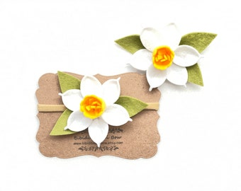 Daffodil Headband- Hair Clip- White Felt Flower- Spring Headband- Baby Girl Headband- Girl Hair Clip- Photo prop