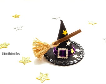 Halloween Headband- Hair Clip- Mini Witch Hat- Baby Headband-Girl Hair Clip- Mini Witch Hat with Broom- First Halloween for Baby- Keepsake