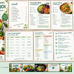 May include: A vegan cookbook titled Mein veganes KOCHBUCH featuring pages with recipes like Avocado-Bowl and Linsen-Curry, a 7-day meal plan, a shopping list, and tips for vegan living. The pages include text, food photography, and a QR code for a video.