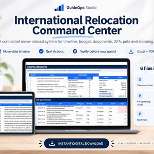 May include: A digital International Relocation Command Center system displayed on a laptop and tablet screen. The interface features tables for move-date timelines, next actions, and budget tracking. Includes six files: clean workbook, demo workbook, A4 and US Letter guides, and a 72h quick card.