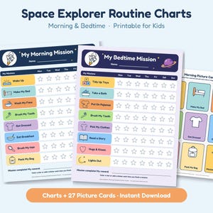 May include: Space Explorer Routine Charts with My Morning Mission and My Bedtime Mission sheets. These printable charts feature colorful rows for daily tasks, star outlines for tracking progress, and a separate sheet of illustrated picture cards.