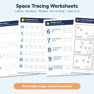 Könnte beinhalten: Ein Set aus vier pädagogischen Arbeitsblättern zum Thema Weltraum für Kinder im Alter von 3 bis 6 Jahren. Die Seiten enthalten Übungen wie Rocket Paths 1, Uppercase H-N, Numbers 6-10 und Count the Space Objects mit Sternen und Planeten.