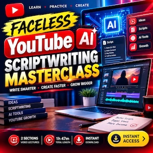 May include: A digital graphic for a Faceless YouTube AI Scriptwriting Masterclass featuring a laptop displaying video editing software, a stack of books labeled Ideas, Scriptwriting, AI Tools, and YouTube Growth, and a notepad with handwritten text.