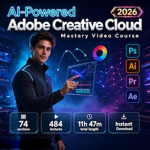 May include: A digital advertisement for an AI-Powered Adobe Creative Cloud 2026 Mastery Video Course. The graphic features text, icons for Ps, Ai, Pr, and Ae, and statistics including 74 sections, 484 lectures, 11h 47m total length, and instant download.