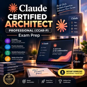 May include: A Claude Certified Architect Professional exam prep kit featuring a laptop displaying an AI collaboration interface, a notebook with the handwritten text Plan Prepare Pass, a black mug with the Claude logo, and books labelled AI Strategy, System Design, Scalability, and Best Practices.