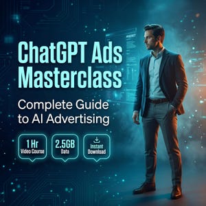 May include: A digital advertisement for a ChatGPT Ads Masterclass featuring the text 'ChatGPT Ads Masterclass Complete Guide to AI Advertising' with icons for '1 Hr Video Course', '2.5GB Data', and 'Instant Download' against a dark blue background.