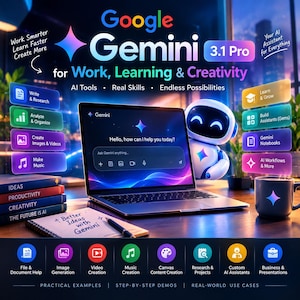 Puede incluir: Un gráfico promocional digital para Google Gemini 3.1 Pro que muestra una computadora portátil con una interfaz de chat de IA, un pequeño robot blanco, una pila de libros etiquetados como Ideas, Productivity, Creativity, The Future is AI y un cuaderno.