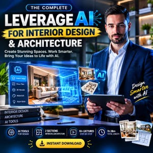 Puede incluir: Un anuncio de curso digital titulado The Complete Leverage AI for Interior Design & Architecture. Muestra a una persona con blazer azul sosteniendo una tableta, con gráficos digitales azules de software de diseño de interiores, planos y renders 3D. El texto incluye Create Stunning Spaces, Work Smarter, Bring Your Ideas to Life with AI e Instant Download.
