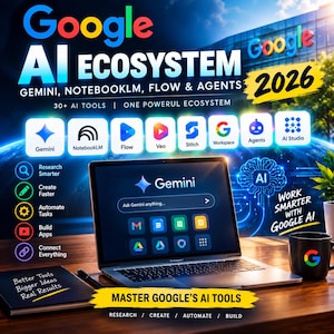 Google AI Ecosystem 2026-kurs, Gemini & NotebookLM, AI-agenter, Flow, Veo, Google AI Studio, Produktivitetsmästarklass, omedelbar nedladdning