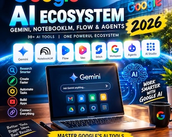 May include: A laptop displaying the Gemini interface sits on a wooden desk next to a black mug with a Google logo and a notebook with the text Better Tools Bigger Ideas Real Results. The background features text about the Google AI Ecosystem 2026.