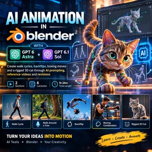 May include: An educational graphic titled AI ANIMATION IN blender with GPT 6 Astra and GPT 6.1 Sol. It features a 3D rigged cat, animation examples including walk cycles, backflips, and boxing, plus 2 sections, 6 lectures, and 1h 24m total length.