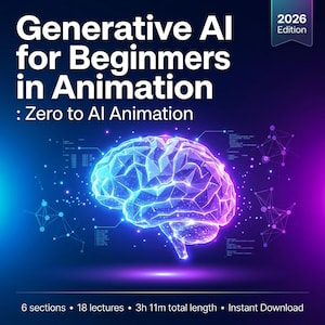 Puede incluir: Un gráfico digital titulado Generative AI for Beginners in Animation: Zero to AI Animation, 2026 Edition. Presenta una ilustración poligonal brillante de un cerebro humano en azul y morado rodeado de nodos de datos, con texto que indica 6 secciones, 18 lecciones, 3h 11m de duración total y descarga instantánea.