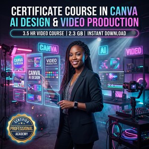 Op de afbeelding: Een digitale cursusadvertentie getiteld CERTIFICATE COURSE IN CANVA AI DESIGN & VIDEO PRODUCTION, 3.5 HR VIDEO COURSE, 2.3 GB, INSTANT DOWNLOAD. Een persoon staat voor oplichtende blauwe en roze neon interfacepanelen met Canva tekst.