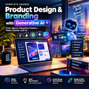 Könnte beinhalten: Eine digitale Kursanzeige mit dem Titel Product Design & Branding with Generative AI, die einen Laptop mit UI/UX-Designs, einen kleinen Roboter, schwebende Software-Icons und Bücher mit den Aufschriften UI/UX Design, Branding und Generative AI zeigt.
