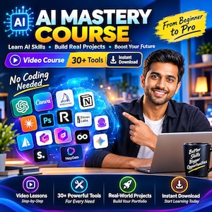 Può includere: Un annuncio per un corso di padronanza dell'IA con il testo AI Mastery Course, From Beginner to Pro, No Coding Needed e Better Skills Bigger Opportunities. L'immagine mostra varie icone di software e un computer portatile.