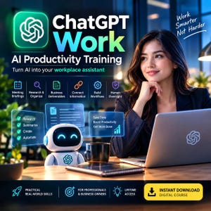 Pode incluir: Um anúncio de curso digital intitulado ChatGPT Work AI Productivity Training com um pequeno robô branco, um laptop com o logotipo da OpenAI e texto incluindo Work Smarter Not Harder, Meeting Briefings, Research, Summarize, Create, Automate.
