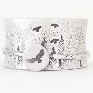 Custom - Birds flying over forest - personalized - sterling - evergreen - hawks - mountain - spinner - spinning - fidget - ring