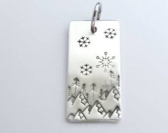 Snow falling - trees - mountains - sterling silver - hand stamped necklace