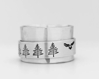 Forest ring - CUSTOM -Sterling silver - spinner - outdoors - eagle- hawks - trees - meditation - hiking - woodland ring - gift