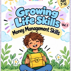 Könnte beinhalten: Ein Buchcover mit dem Titel Growing Life Skills Money Management Skills Vol. 1 für 7- bis 12-Jährige. Es zeigt ein lächelndes Kind im grünen Kapuzenpullover, das eine gelbe Schatztruhe hält, vor einem Hintergrund aus Gras, Blumen und Sonne.